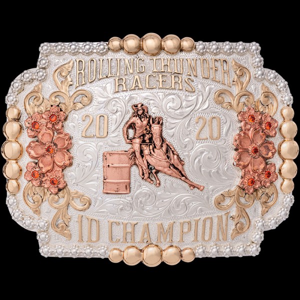 The Laurel Custom Belt Buckle is an astonishing silver buckle featuring a bead and berry edge with bronze scrollwork and copper flowers. Personalize this buckle design today!